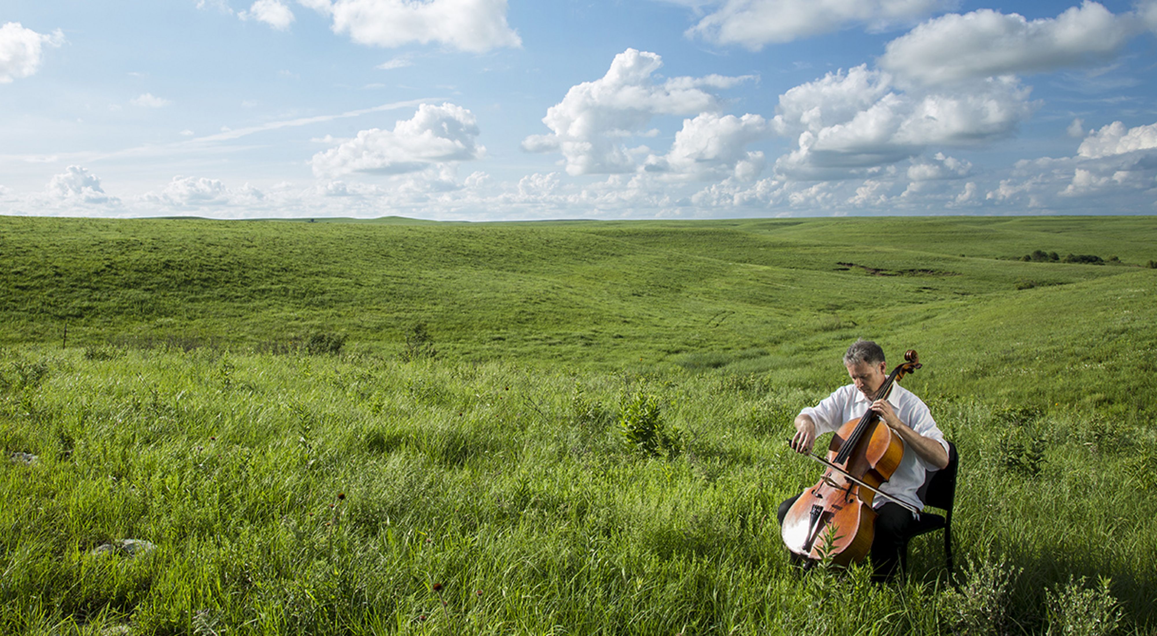 A cellist plays in a grassy field under a blue sky