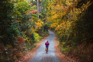 A woman hikes along a colorful bend on an autumn day. 