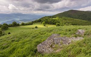 A landscape picture of a rock resting in the grass with rolling hills and trees in the background