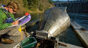 On a river close to a dam, a biologist writes notes next to a fish trap that looks like a large metallic funnel. The scientist is counting juvenile salmon.