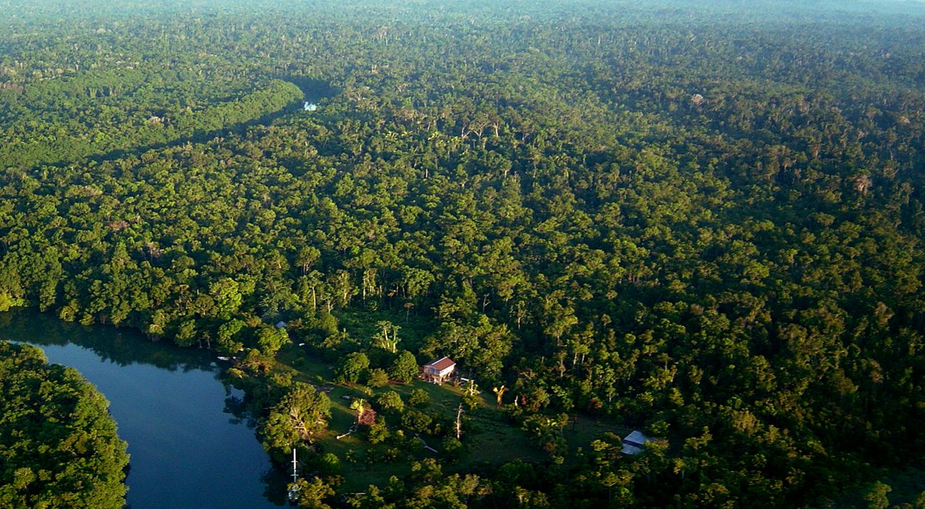 Aerial view of a river in the foreground surrounded by