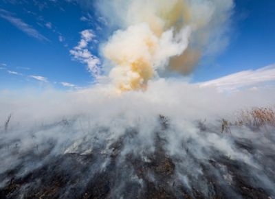 Dramatic ground-level view of thick smoke curling up from the ground with a plume of orange smoke at the center of a prescribed burn.
