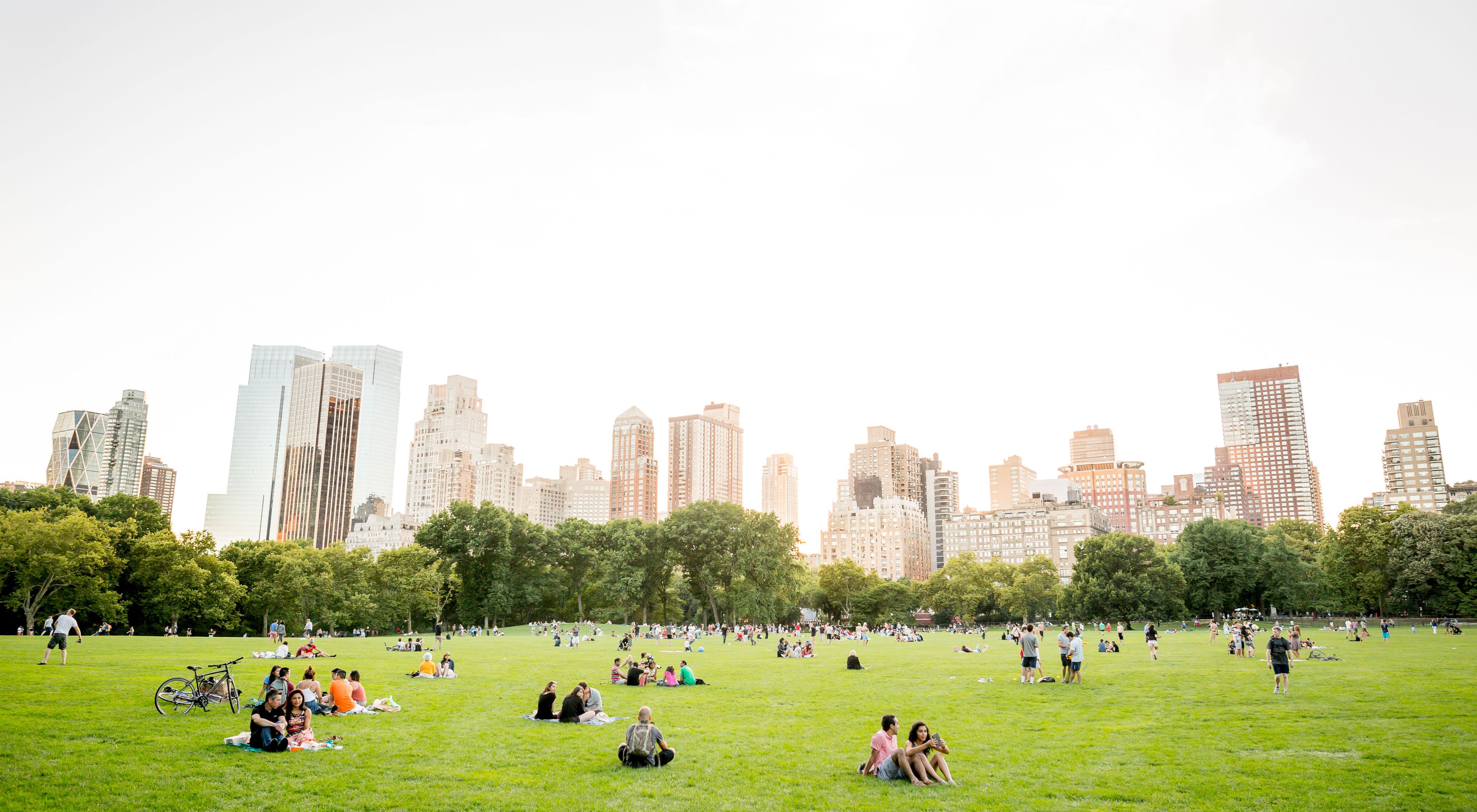 People relaxing in a grassy area at a city park with skyscrapers in the background.