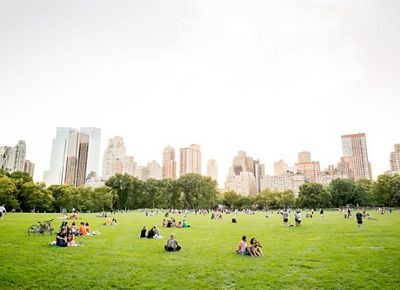 People play and lounge on a big grassy field surrounded by trees, with the New York City skyline in the background.