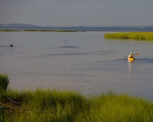 Two kayakers float across calm waters.