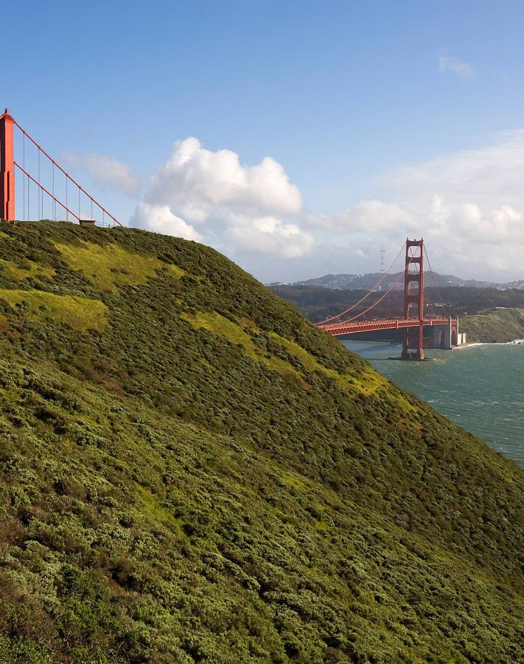 View of Golden Gate Bridge from the Marin Headlands. Th