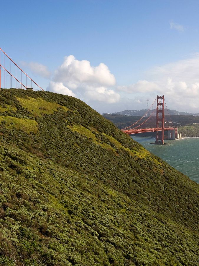 View of Golden Gate Bridge from the Marin Headlands. Th