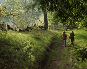 Two hikers walking down a path to a fence.