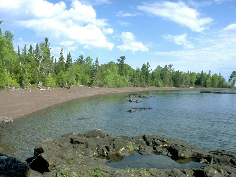 The Lake Superior shoreline lined by trees at Horseshoe Harbor in Michigan's Keweenaw Peninsula.