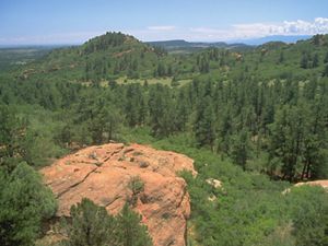 A rocky outcrop provides a view of a forested valley.