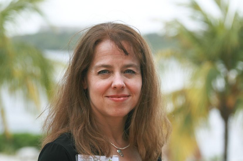 Deborah Barber headshot. Close cropped head shot of a brown haired woman. Blurred palm trees are visible in the background.