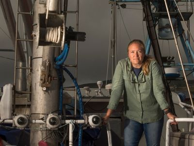 The director of TNC's California Groundfish Project, stands by cameras installed on a fishing boat in Half Moon Bay, CA.