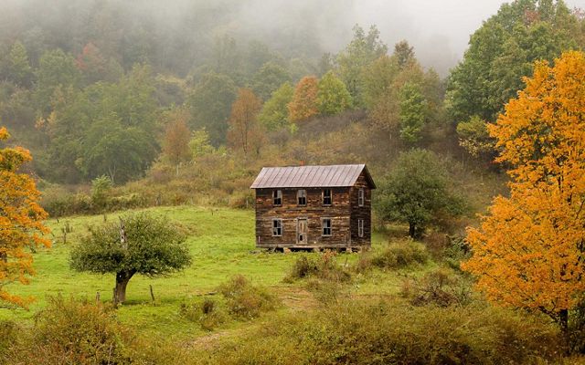 A dilapidated two story house with a tin roof sits alone in a small clearing surrounded by mature trees showing autumn colors.