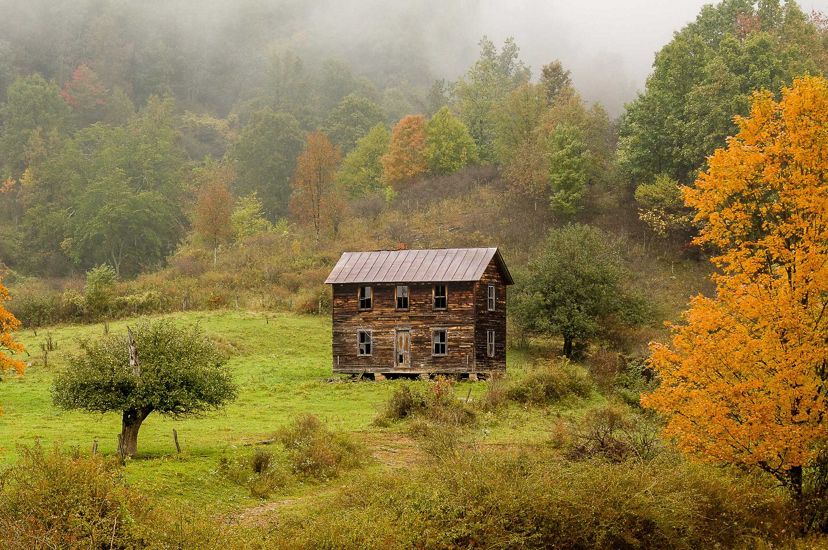 A dilapidated two story house with a tin roof sits alone in a small clearing surrounded by mature trees showing autumn colors.