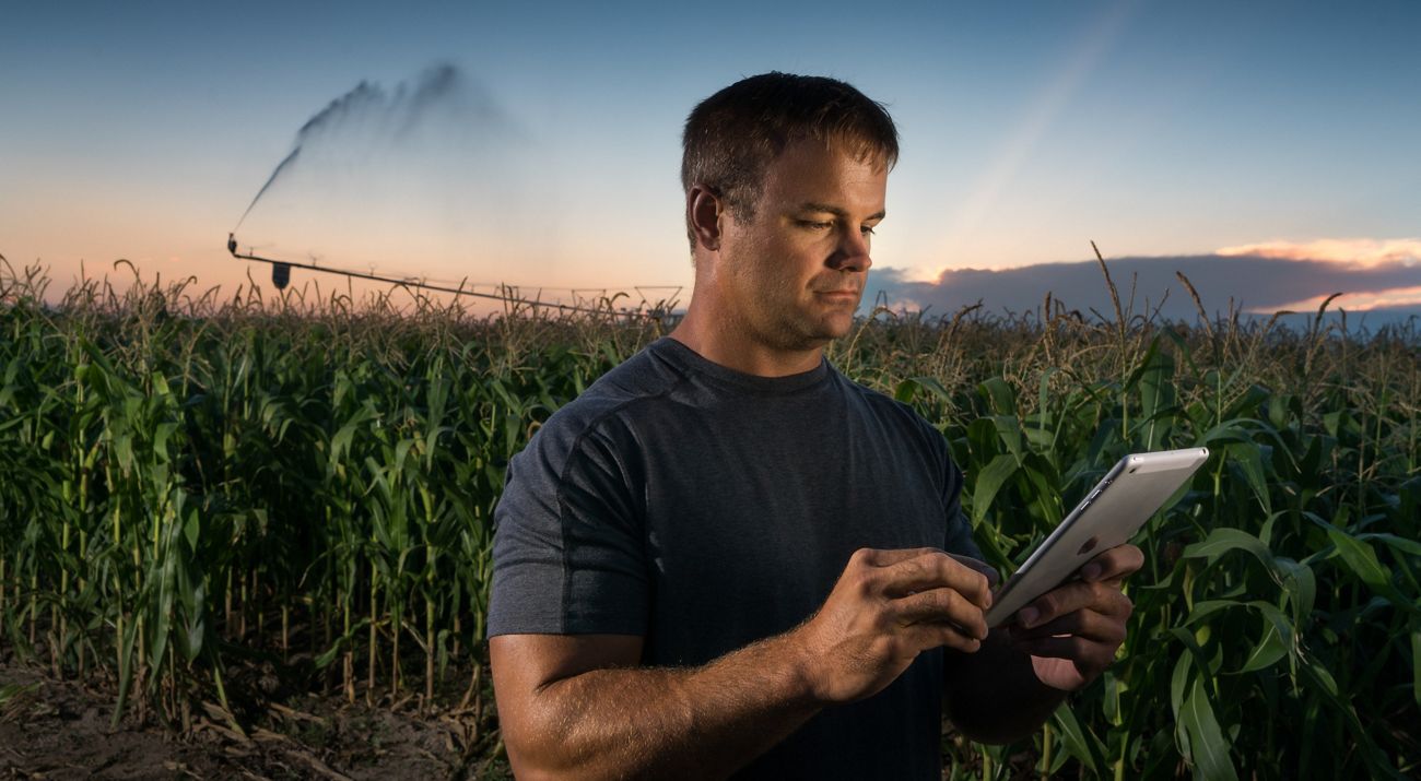 a man holding an ipad in a field of corn.