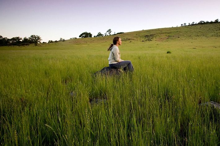 A female hiker pauses to view the lush grasslands and blue oak woodlands that characterize Dye Creek Preserve and Canyon