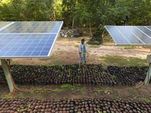 Elizar Samuel Gamara waters the plantings under the solar panels at the Kaxil Kiuic Biocultural Reserve © Erich Schlegel