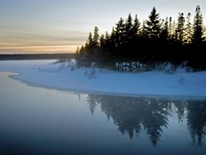 wide river at dusk bordered by a snowy bank and fir trees