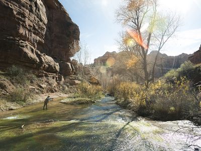 A person stands in a shallow river casting a fishing rod, with trees on one riverbank and a steep rocky cliff on the other.