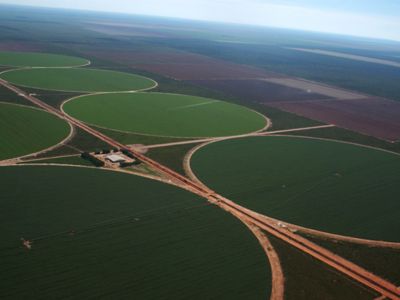 Soy watering system in western Bahia, Brazil, the new soybean frontier. Soy is taking over the Brazilian Cerrado, the world's most biodiverse savanna.