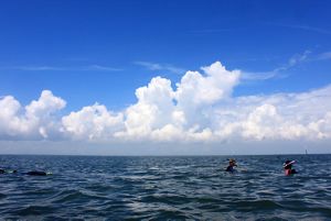 The heads of two people bob above the water while a third person floats and snorkels along the surface of a coastal bay. Large puffy white clouds fill the bright blue sky above.