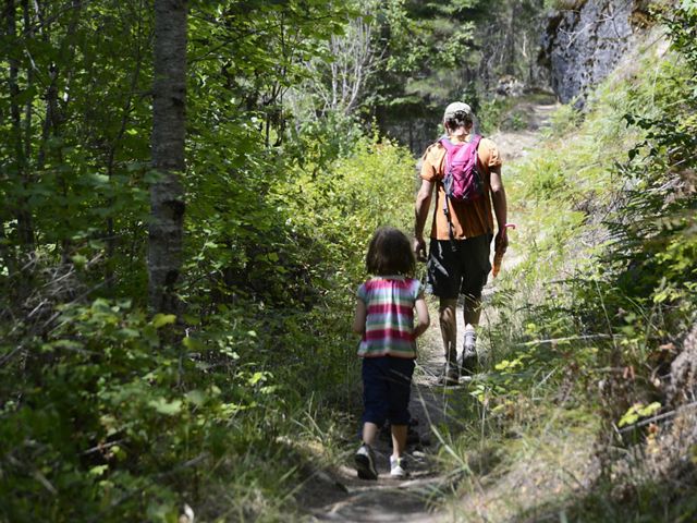 An adult and a child hike through a forest.