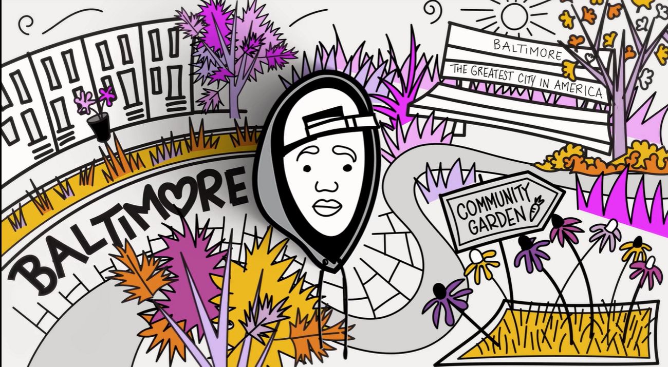Screenshot of animated film showing a man in a community garden in Baltimore.