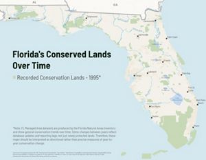 A map of conserved lands in Florida as of 1995, with light green layer to indicate total areas conserved. 