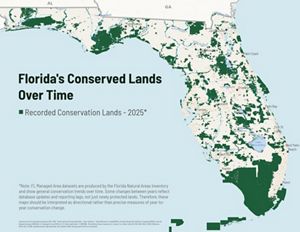 A map of conserved lands in Florida as of 2025, with dark green layer to indicate total areas conserved. 