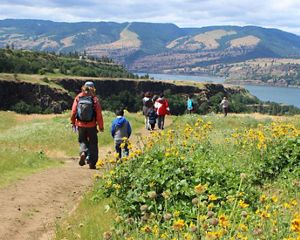 Hikers explore Tom McCall Preserve at Rowena Crest in the Columbia River Gorge, Oregon.