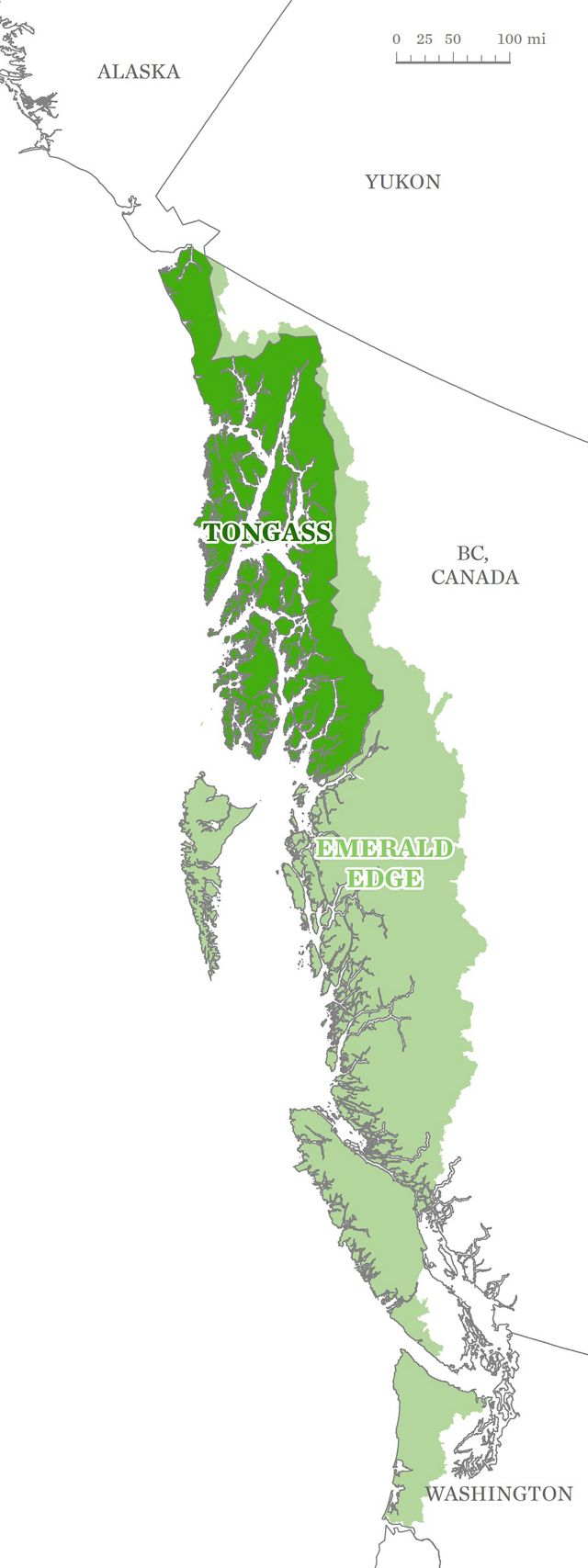 Map showing Tongass National Forest and Emerald Edge areas of SE Alaska.
