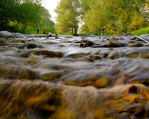 A running river flowing over stones with trees in the background.