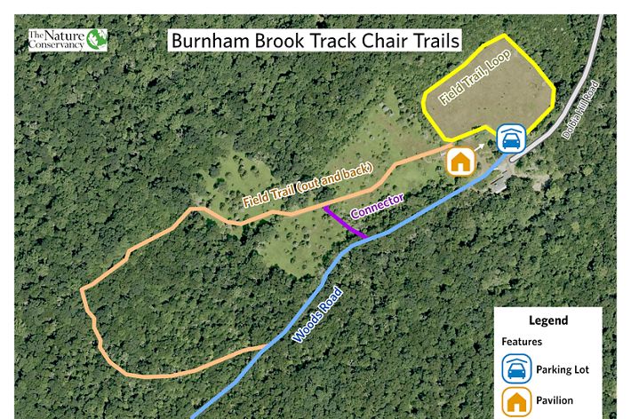 A map features trails highlighted in yellow and in blue.