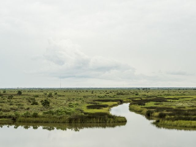 Clear coastal waters fill an inlet along expansive green prairie and wetlands.