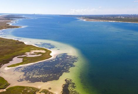 An aerial image provides a glimpse of an island and surrounding waters.