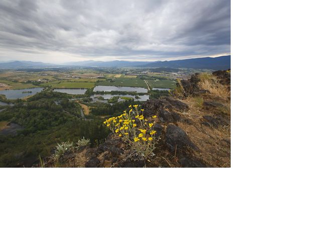 The view from the southern tip of Lower Table Rock during a stormy spring evening overlooking the Rogue Valley in southern O