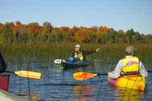 Two people in kayaks on a lake bordered by fall trees; a third kayak is nearly out of frame on the left side with only the paddle the back of the kayak visible.