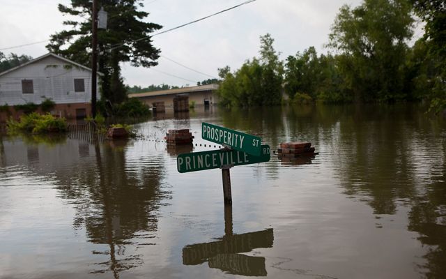 The flooded overflow banks from the Mississippi River in St. Francisville, Louisiana.