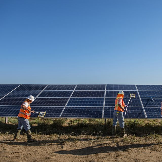 Three workers in orange high-vis vests and hard hats use mops with long handles to clean a wide bank of solar panels.