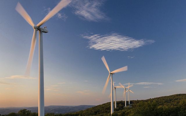 Wind turbines, West Virginia. Wind turbines are a growing source of electric power in the United States. 