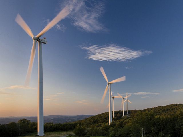 Wind turbines, West Virginia. Wind turbines are a growing source of electric power in the United States. 