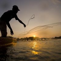 Local fisherman casting a net for fish in Colombia’s lower Magdalena River basin.