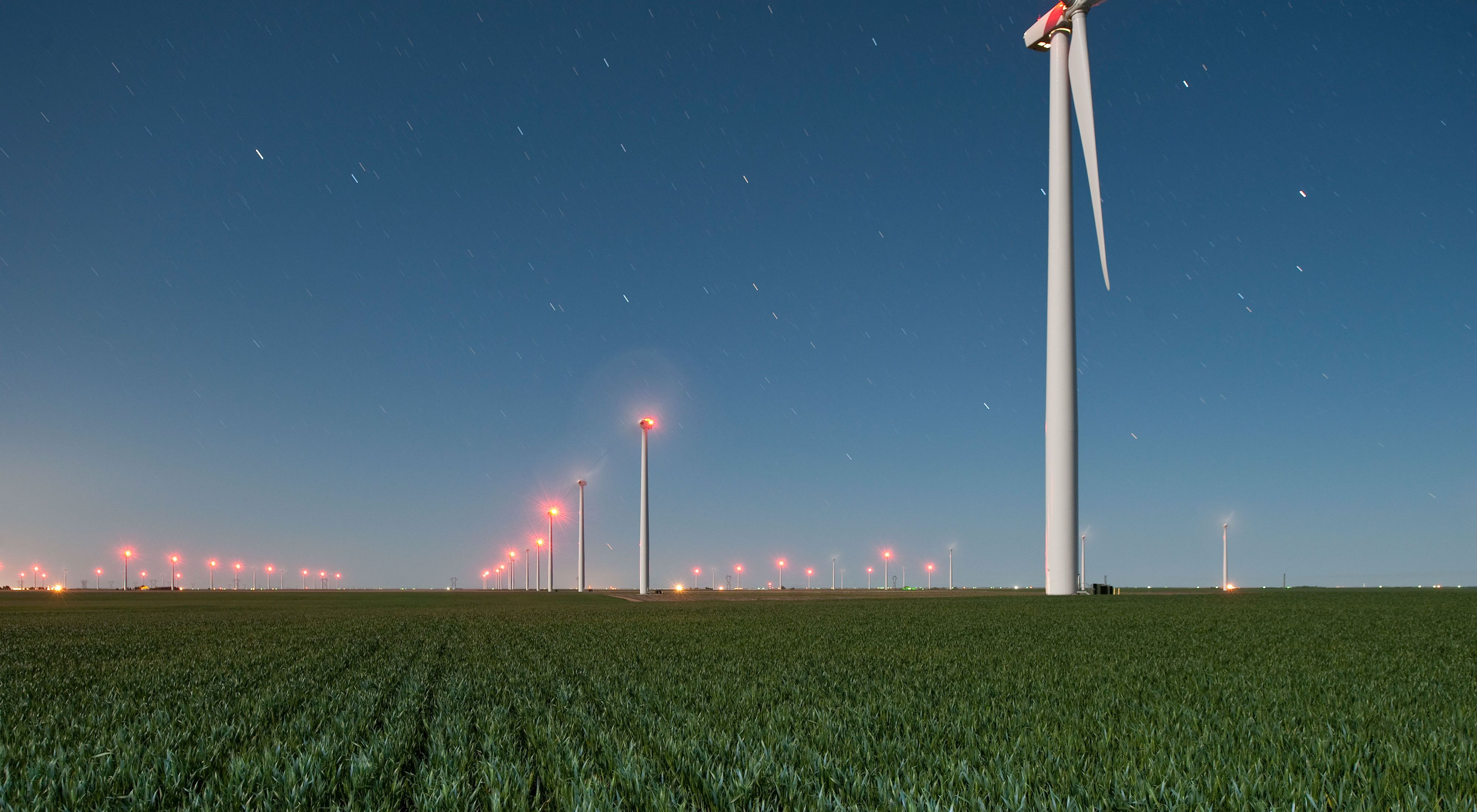 Night photograph of the Spearville Wind Farm just north of the town of Spearville, in Ford County, Kansas