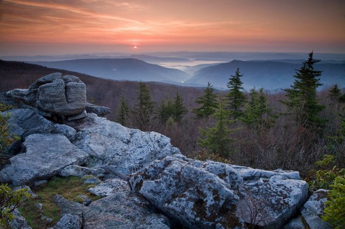 A sunsets over mountains in the distance, creating a vibrant pink sky.