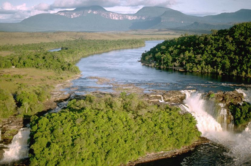 Aerial view of waterfalls at Canaima National Park in Venezuela, South America.