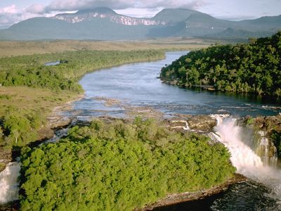 Aerial view of waterfalls at Canaima National Park in Venezuela, South America.