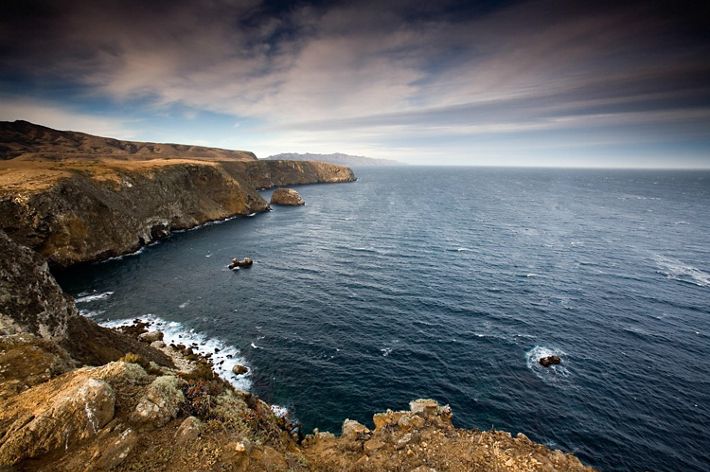 The blue water of the Pacific Ocean swells into waves that crash against tall coastal cliffs.