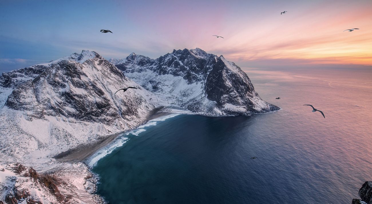 Birds fly above a rugged, snow-covered, mountainous landmass rising out of the ocean.