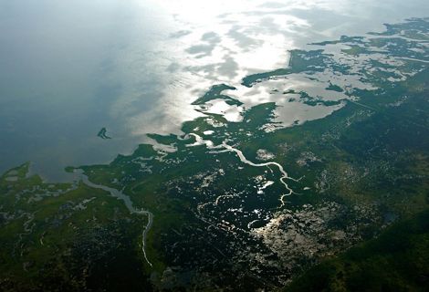Aerial photograph features winding tributaries of the Chesapeake Bay in Virginia.