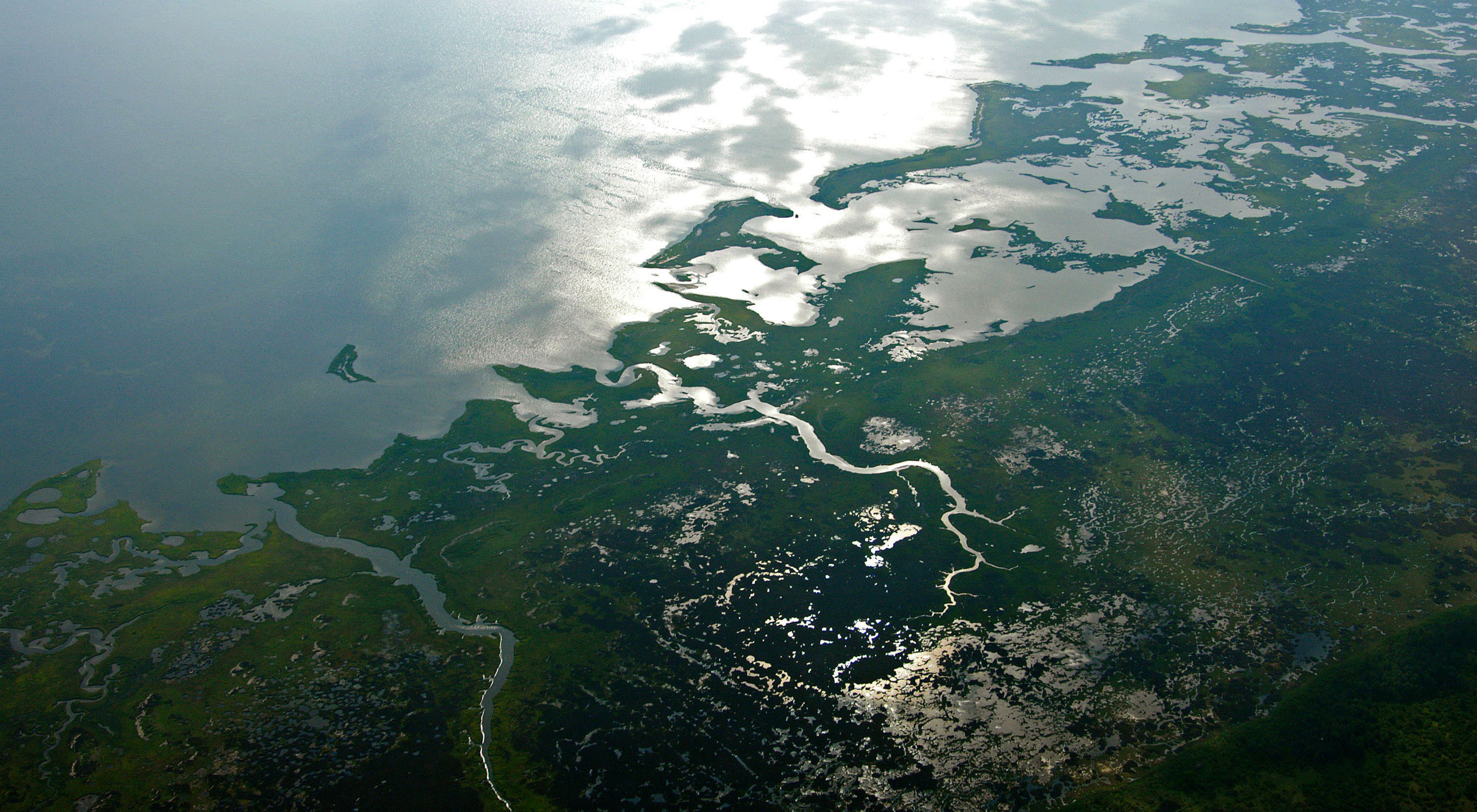 Aerial photograph of  the coastal area and wetlands. 
